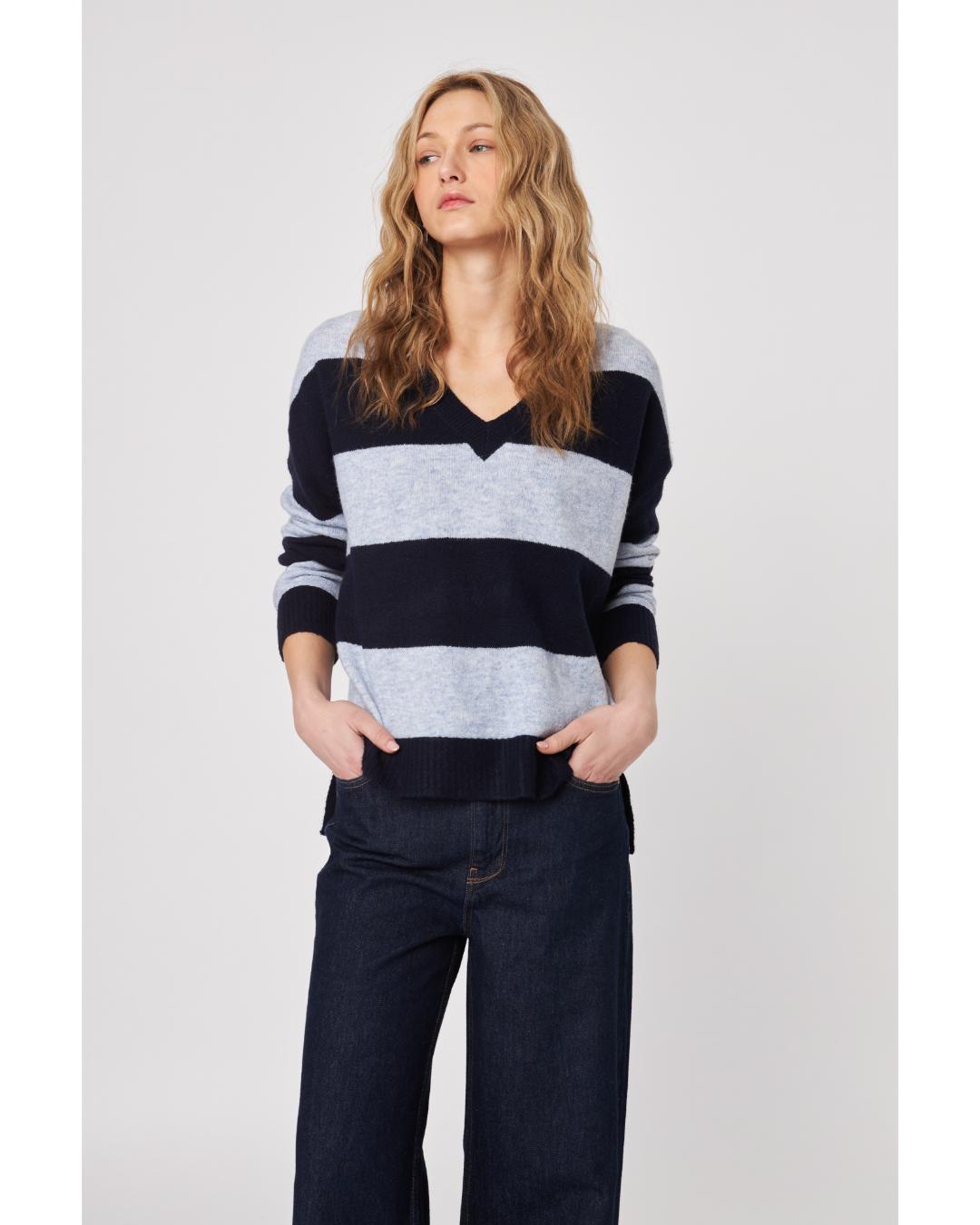 blue striped v-neck sweater