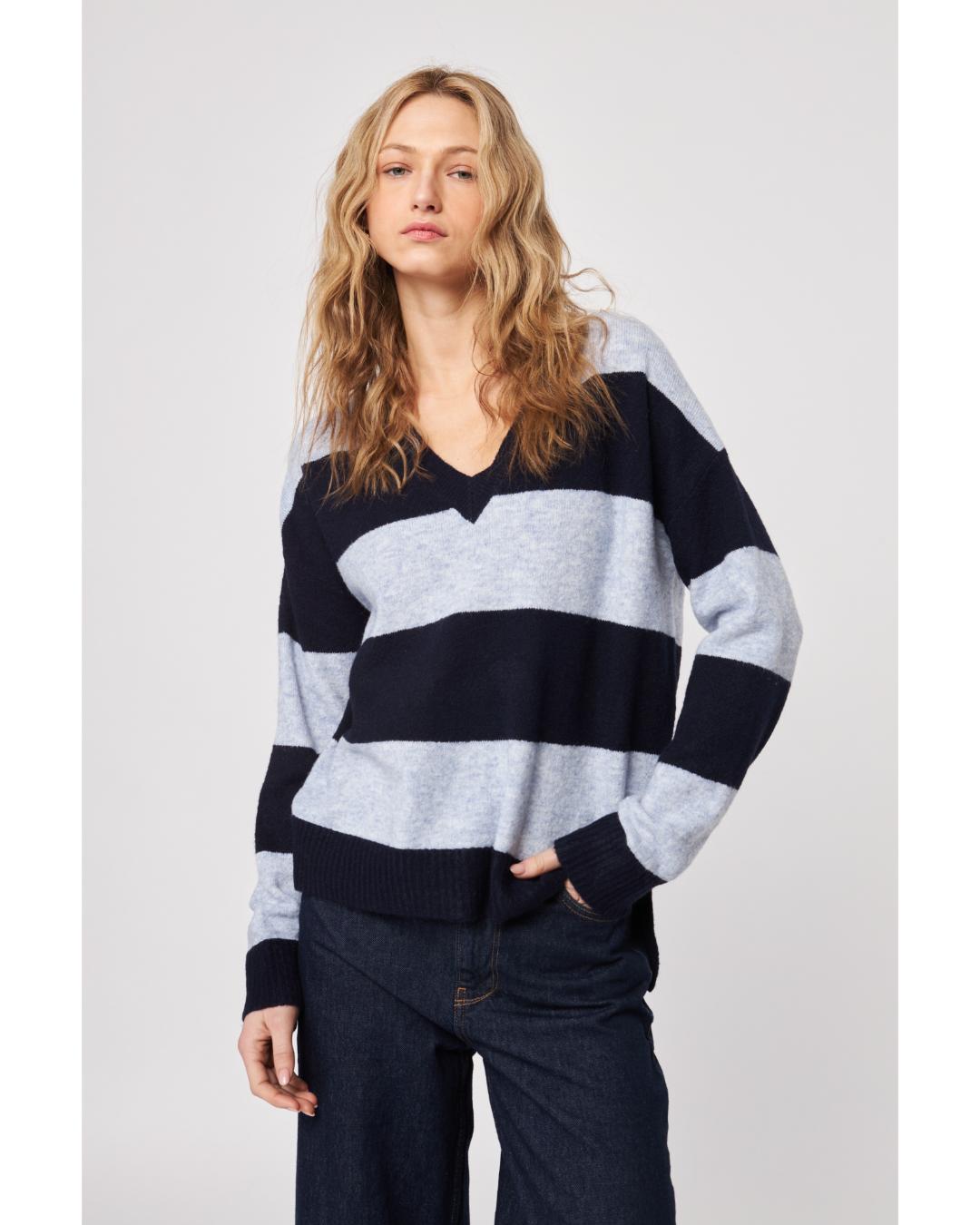 blue striped v-neck sweater