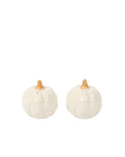 salt and pepper shaker in the shape of a pumpkin in white with an orange stem