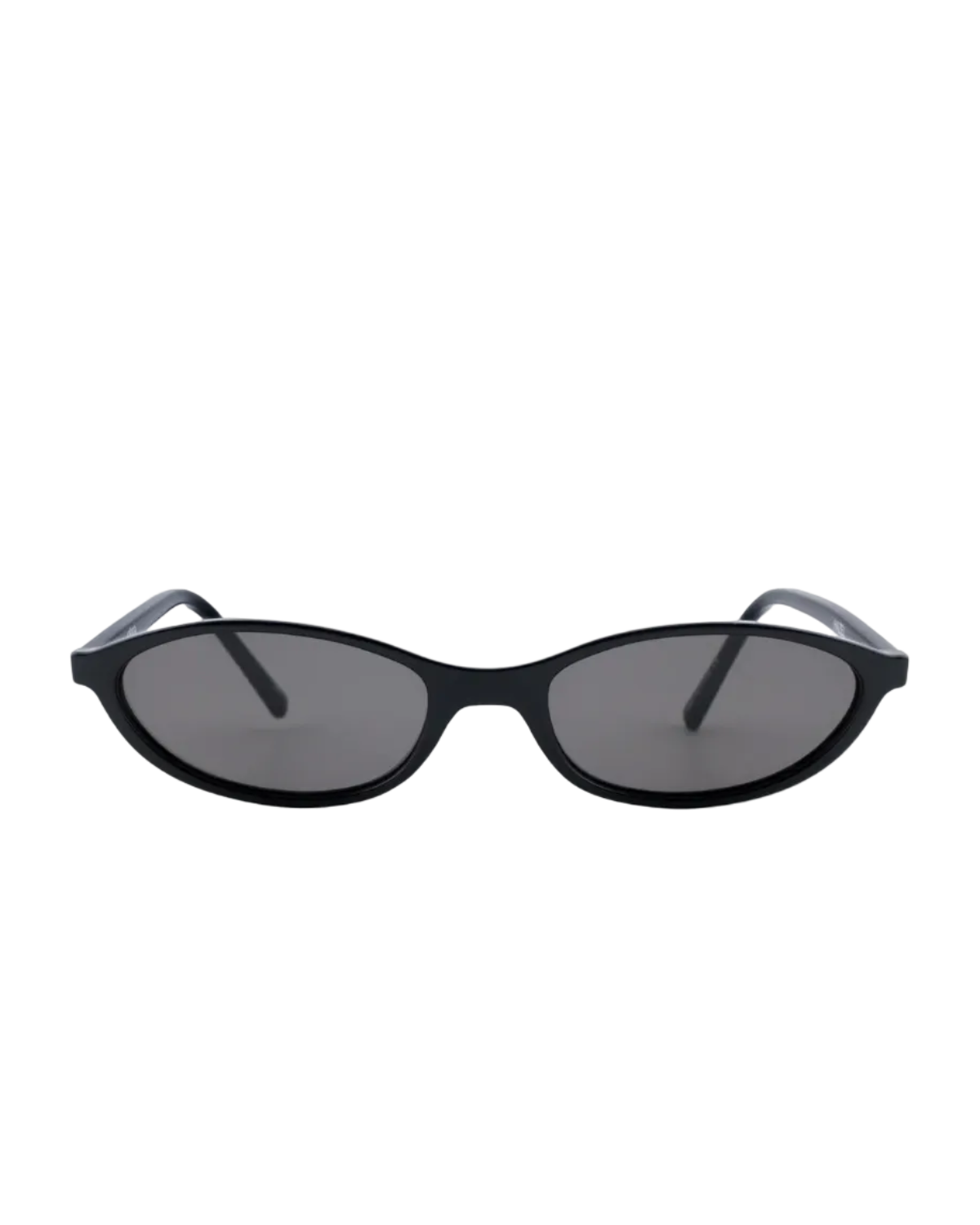 thin oval sunglasses with black frame and lenses