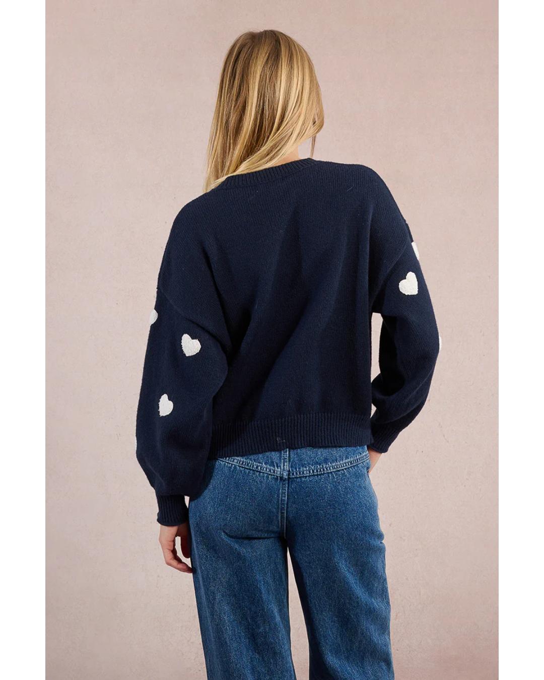 navy sweater with beige hearts