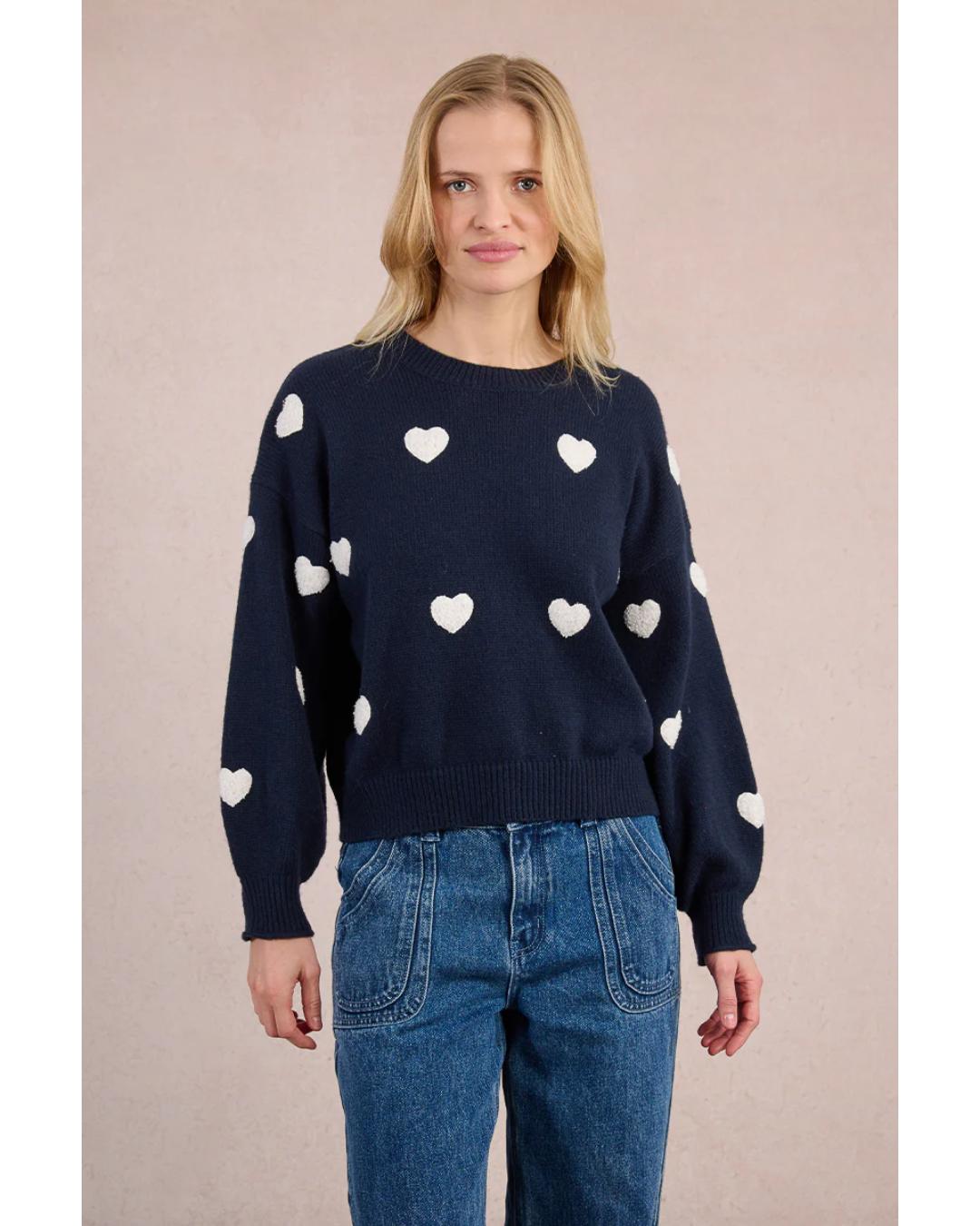 navy sweater with beige hearts