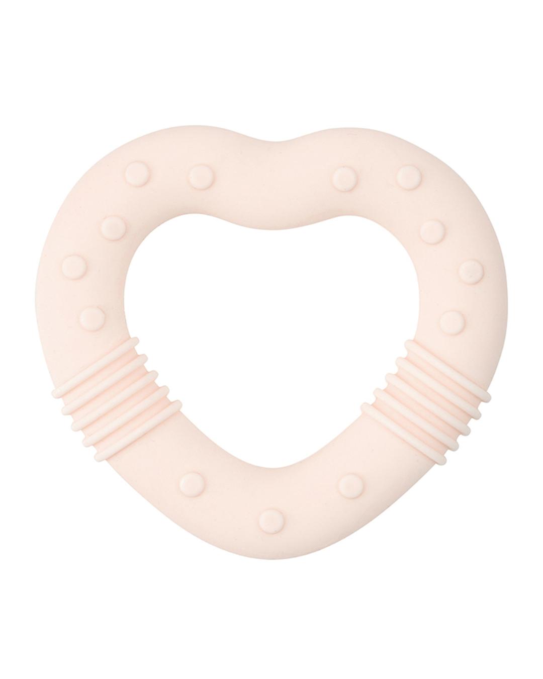 light pink baby teether in the shape of a heart