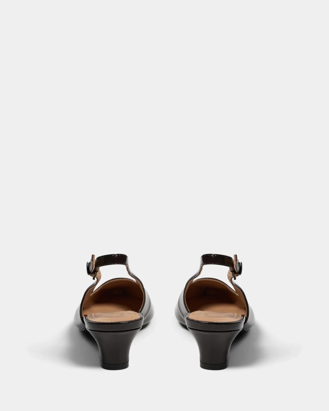 black leather stiletto sling backs