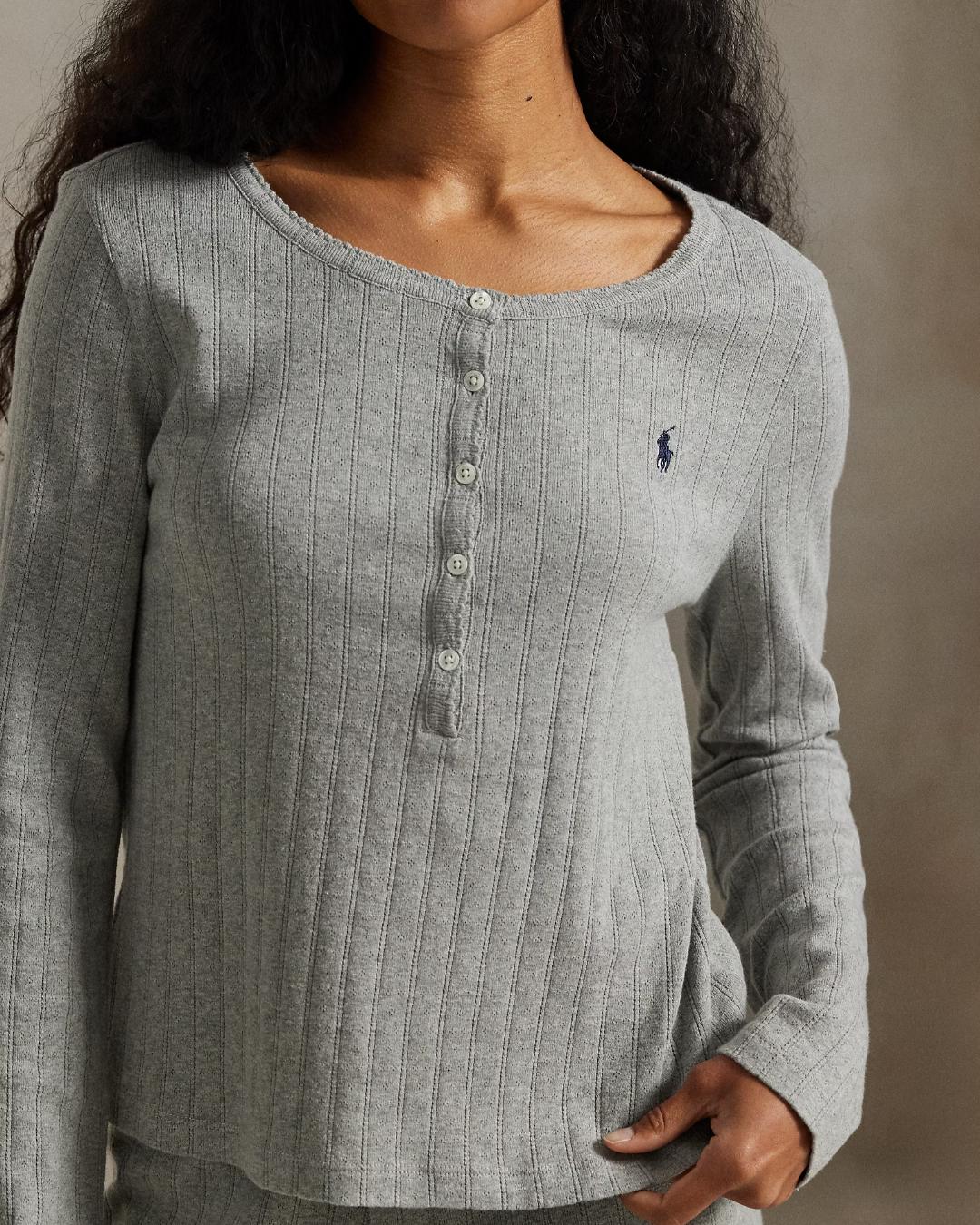 lounge set in grey with a wide leg pant and long sleeve top