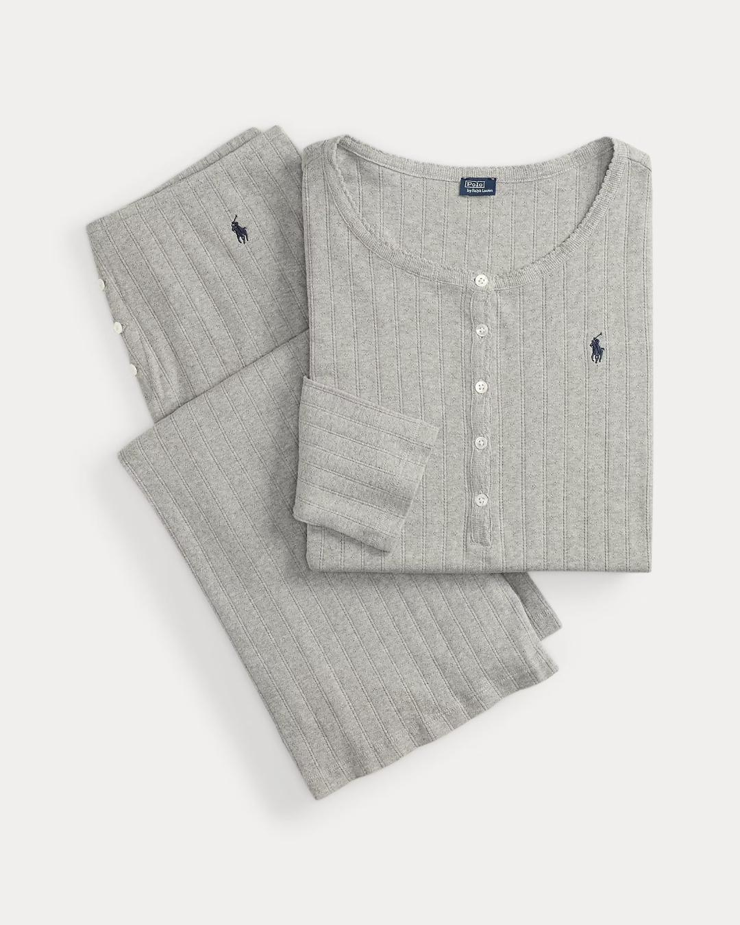 lounge set in grey with a wide leg pant and long sleeve top