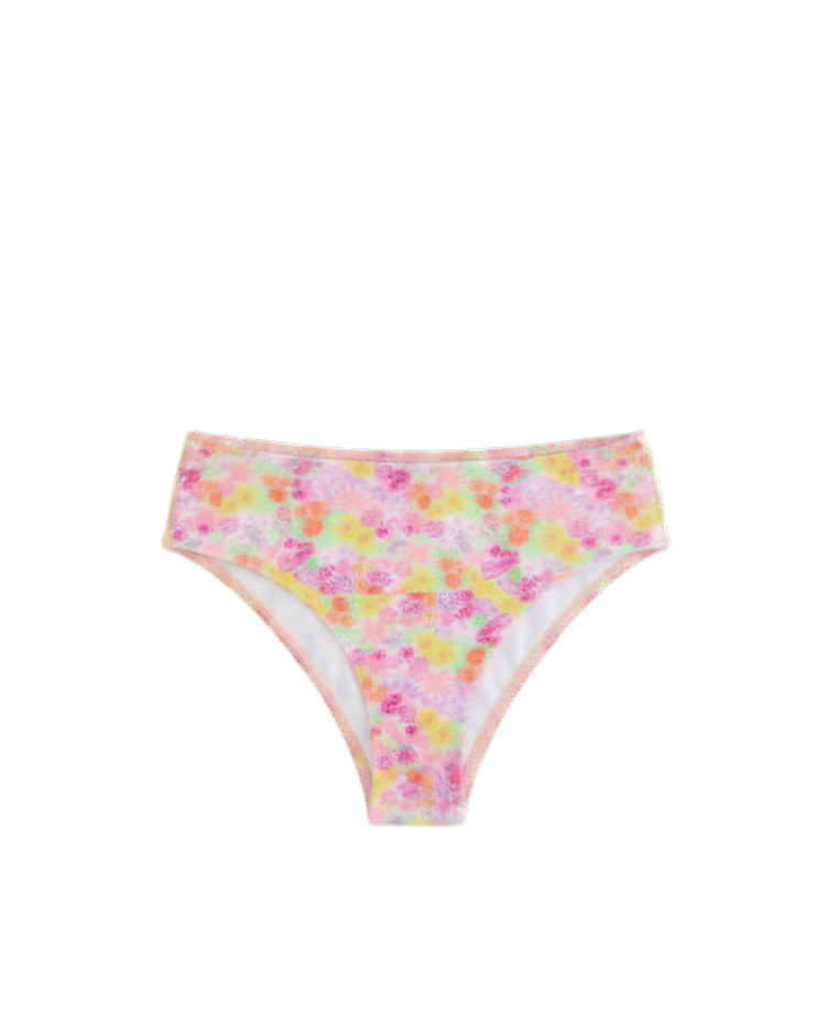 bikini bottoms in pink, orange, yellow and green floral print