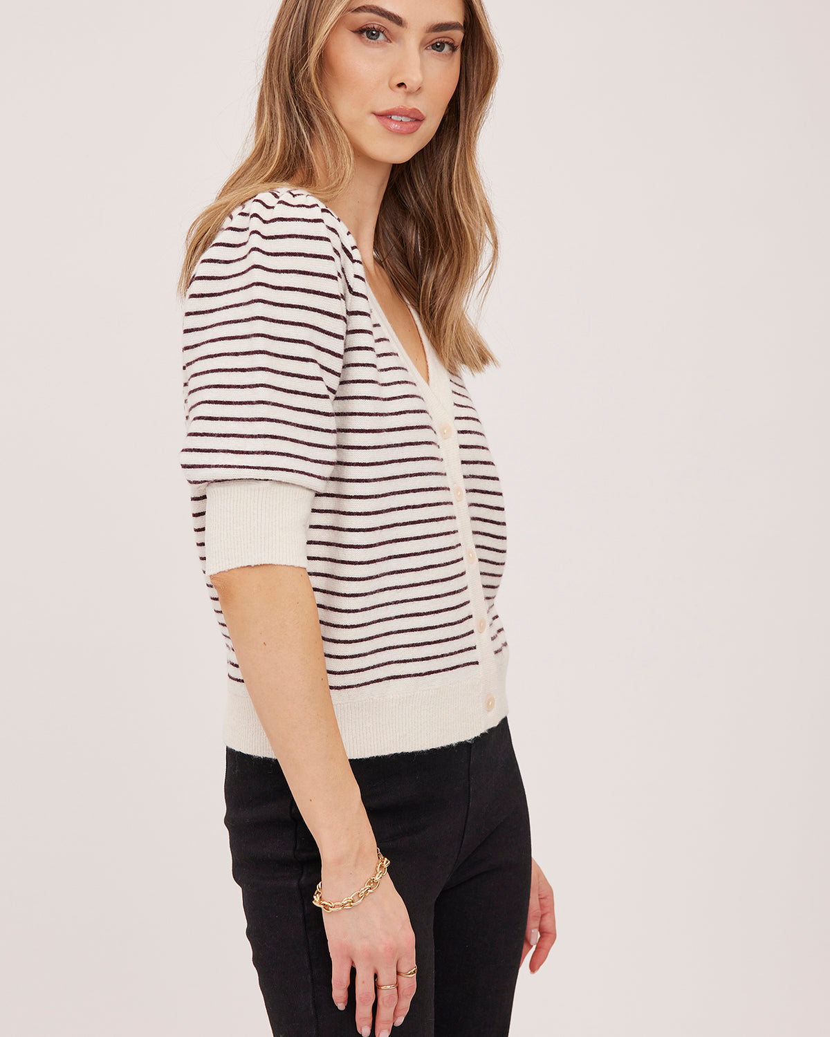 striped button up short sleeve sweater