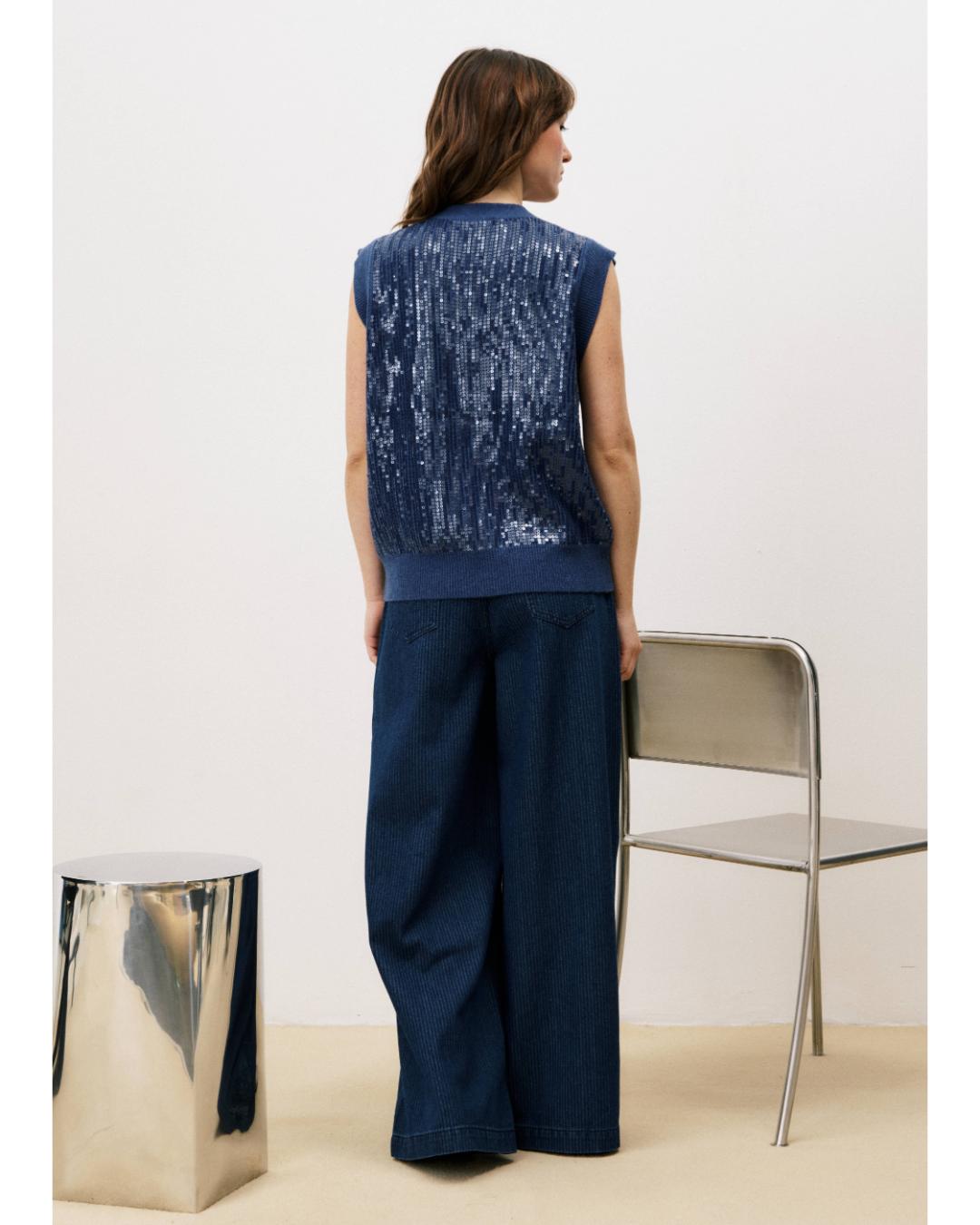 blue sleeveless cardigan with sequins