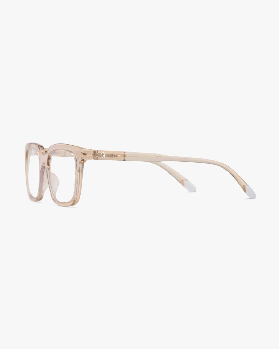 a pair of clear pink eyeglasses for blue light by Barner