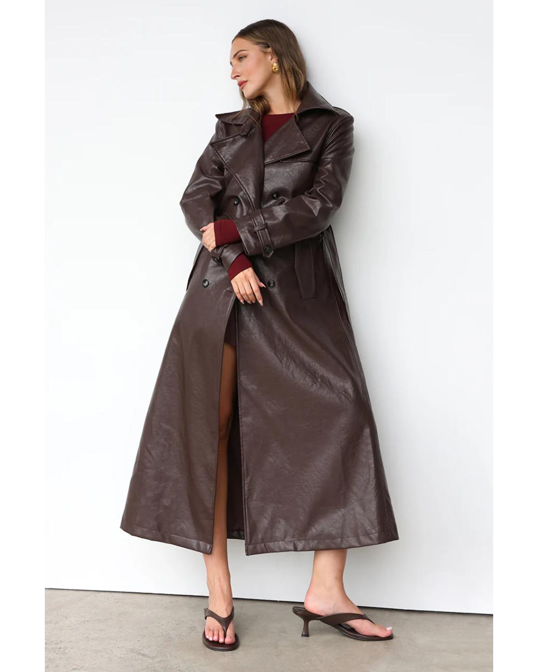 brown faux leather trench coat