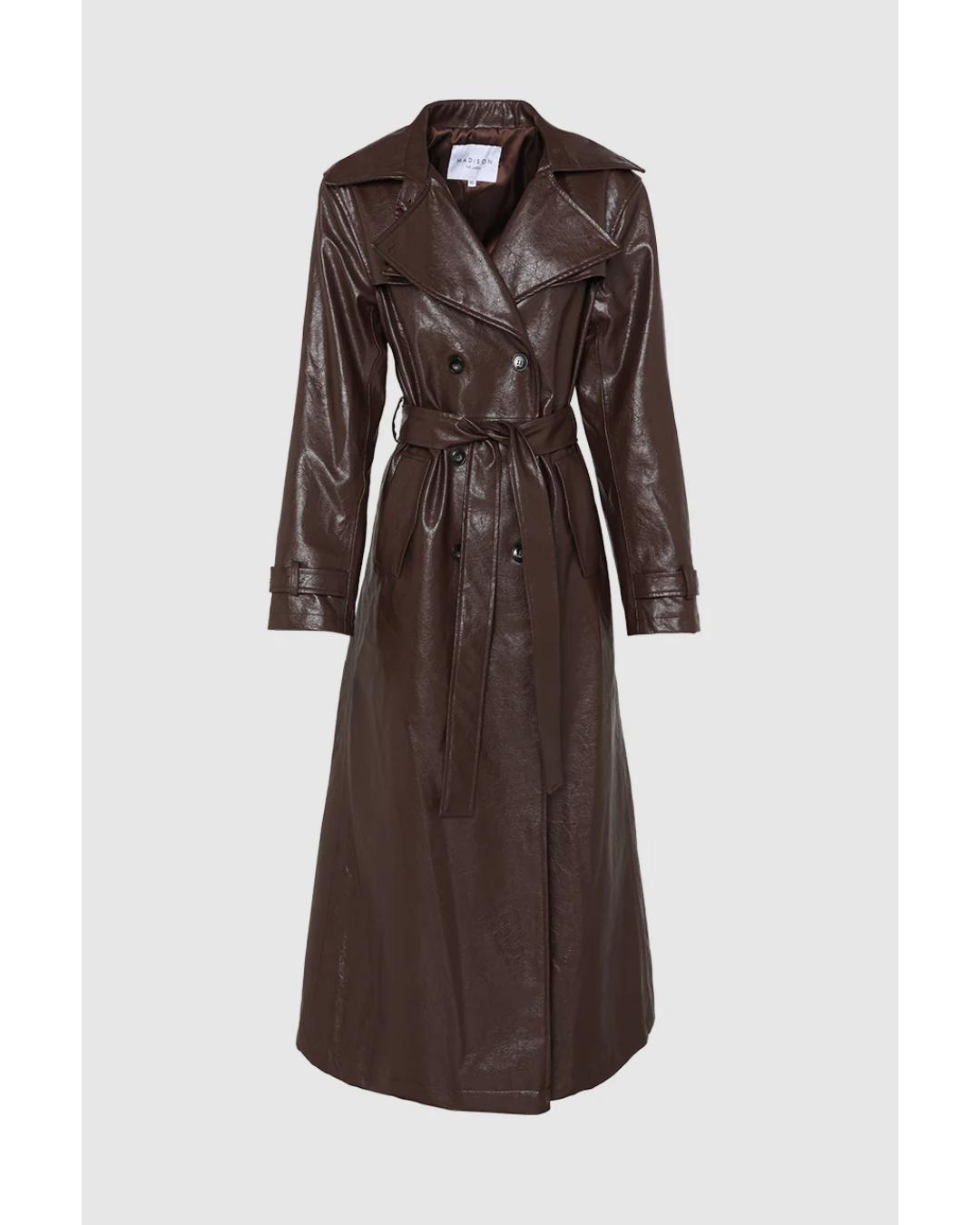 brown faux leather trench coat