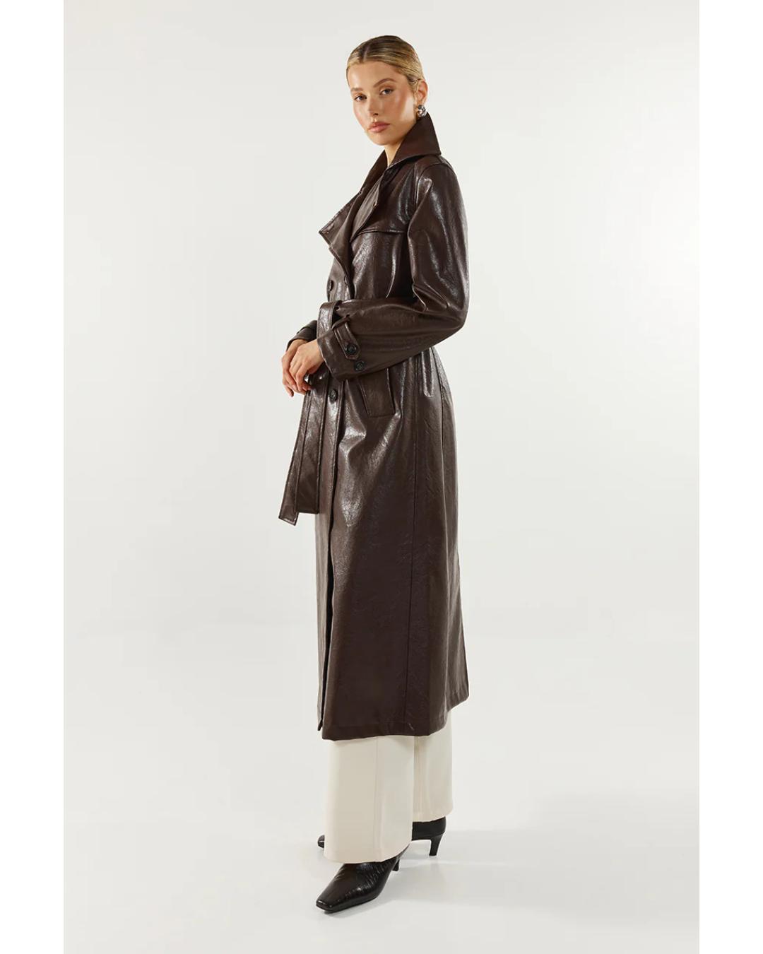 brown faux leather trench coat