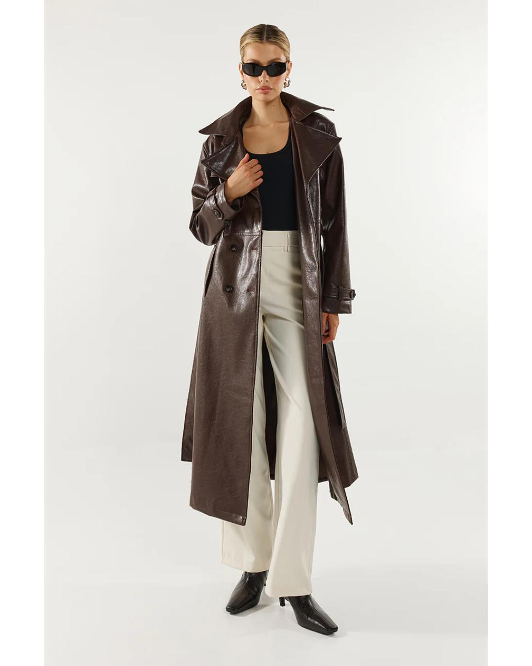 brown faux leather trench coat