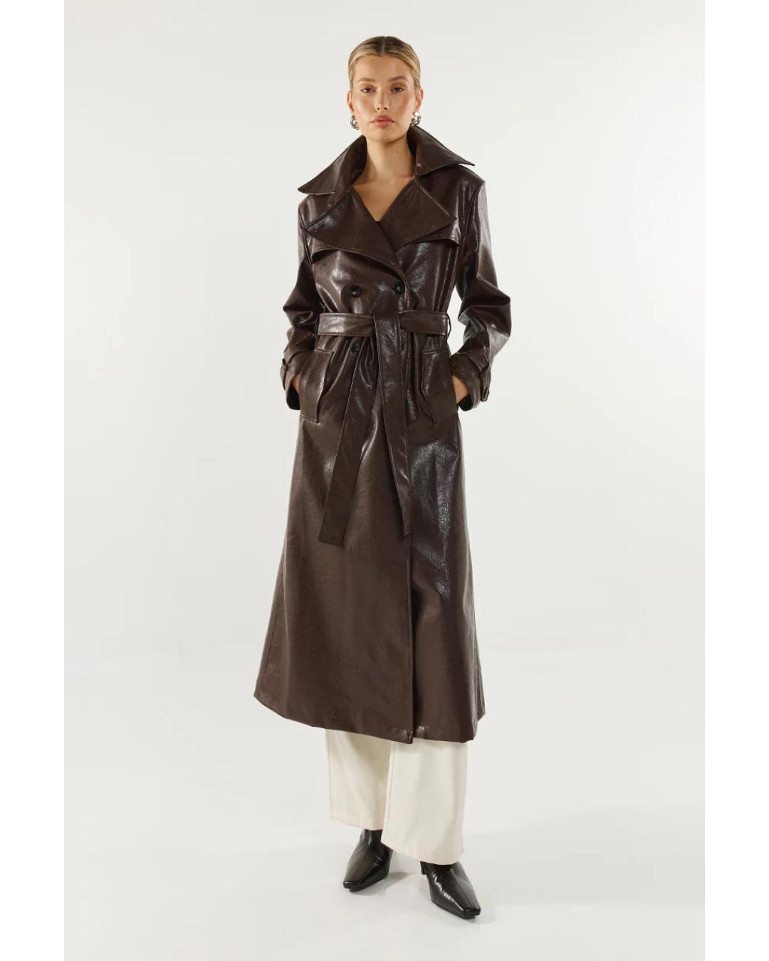brown faux leather trench coat