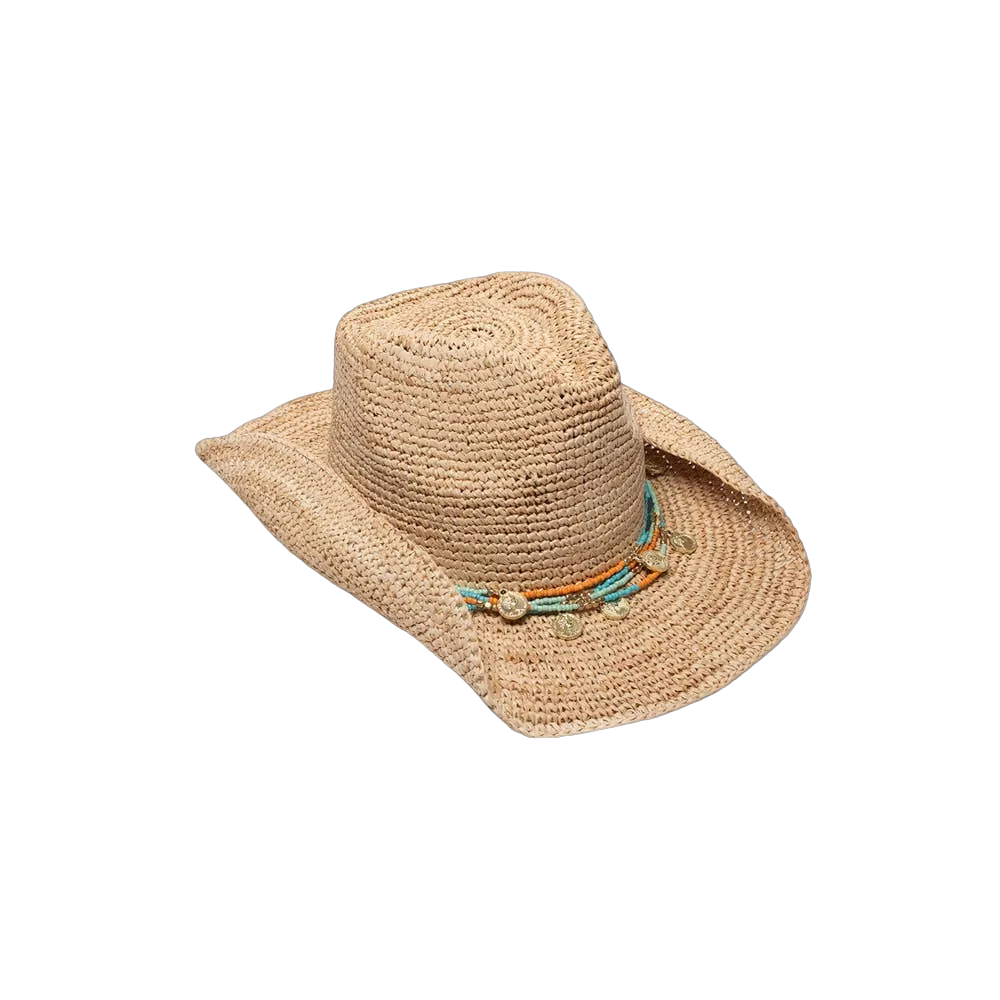 natural straw cowboy hat with beads around
