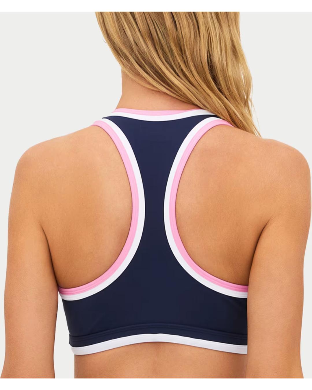 navy racerback sports bra with pink and white outline