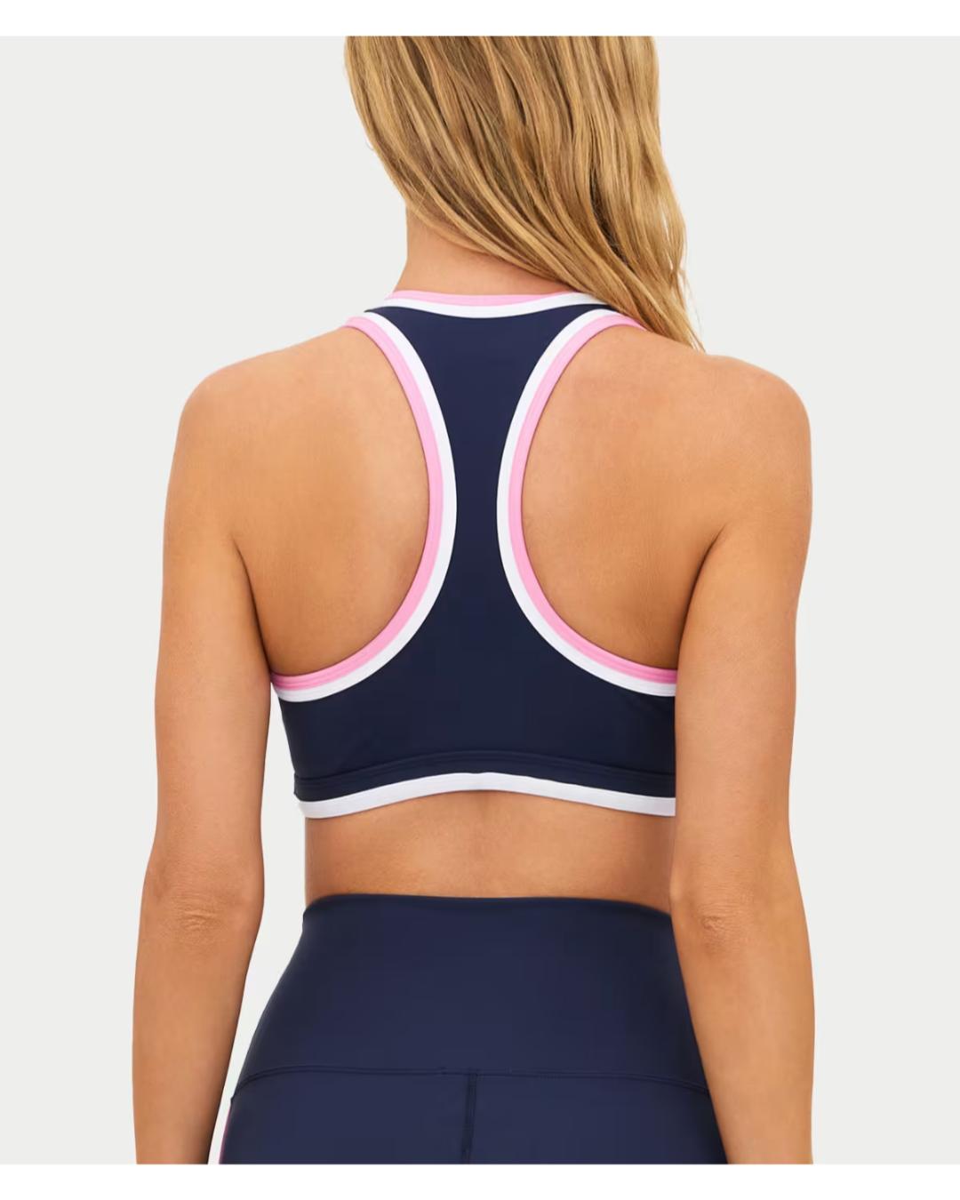 navy racerback sports bra with pink and white outline