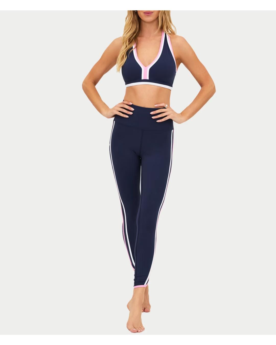 navy racerback sports bra with pink and white outline