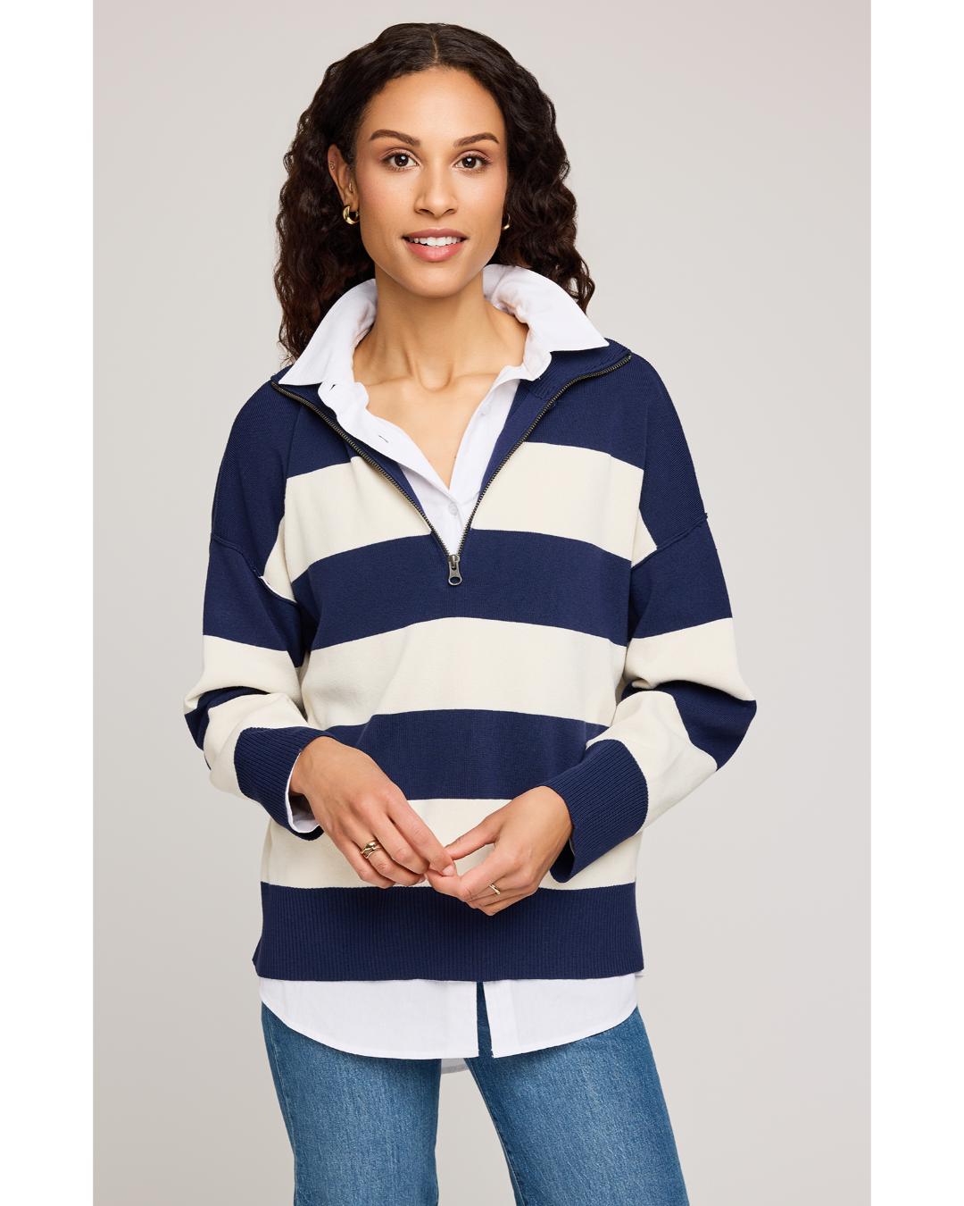 half zip sweater in navy and cream stripe