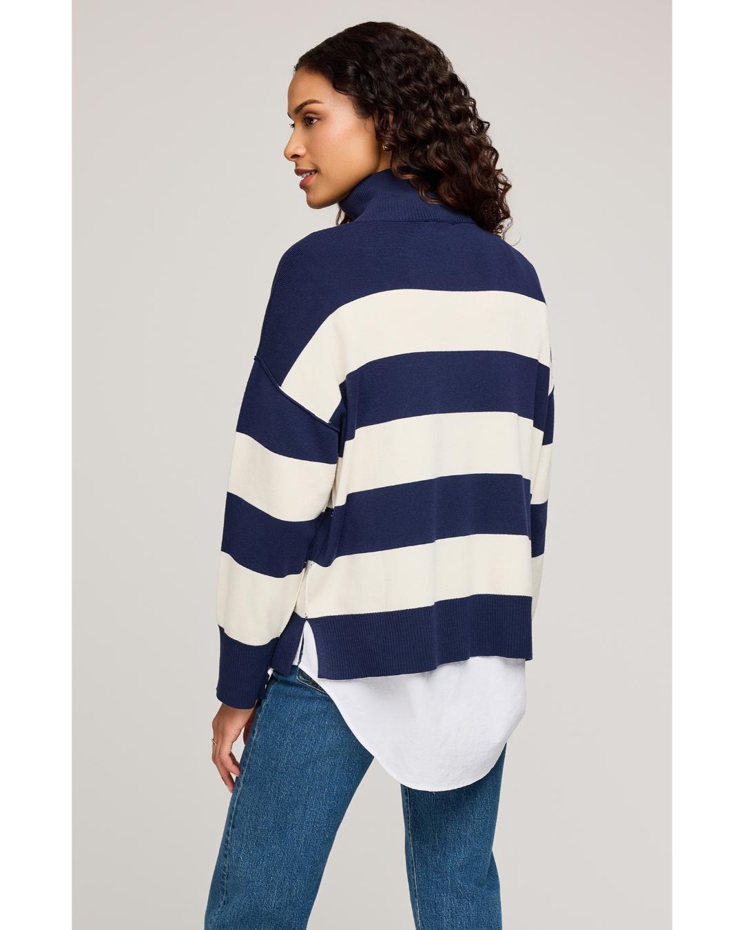 half zip sweater in navy and cream stripe