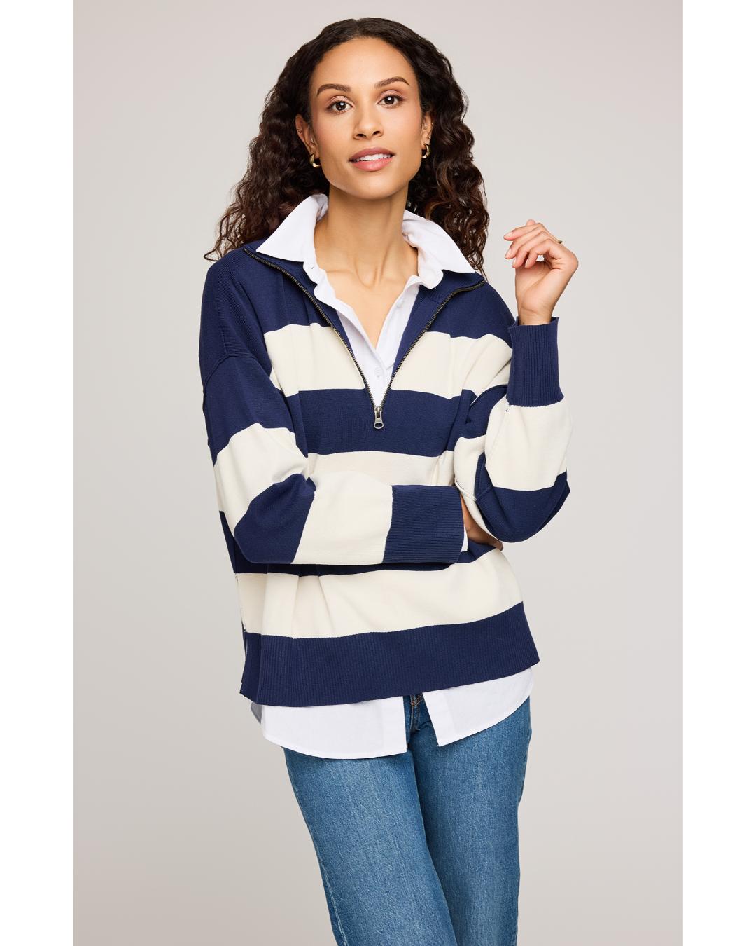 half zip sweater in navy and cream stripe