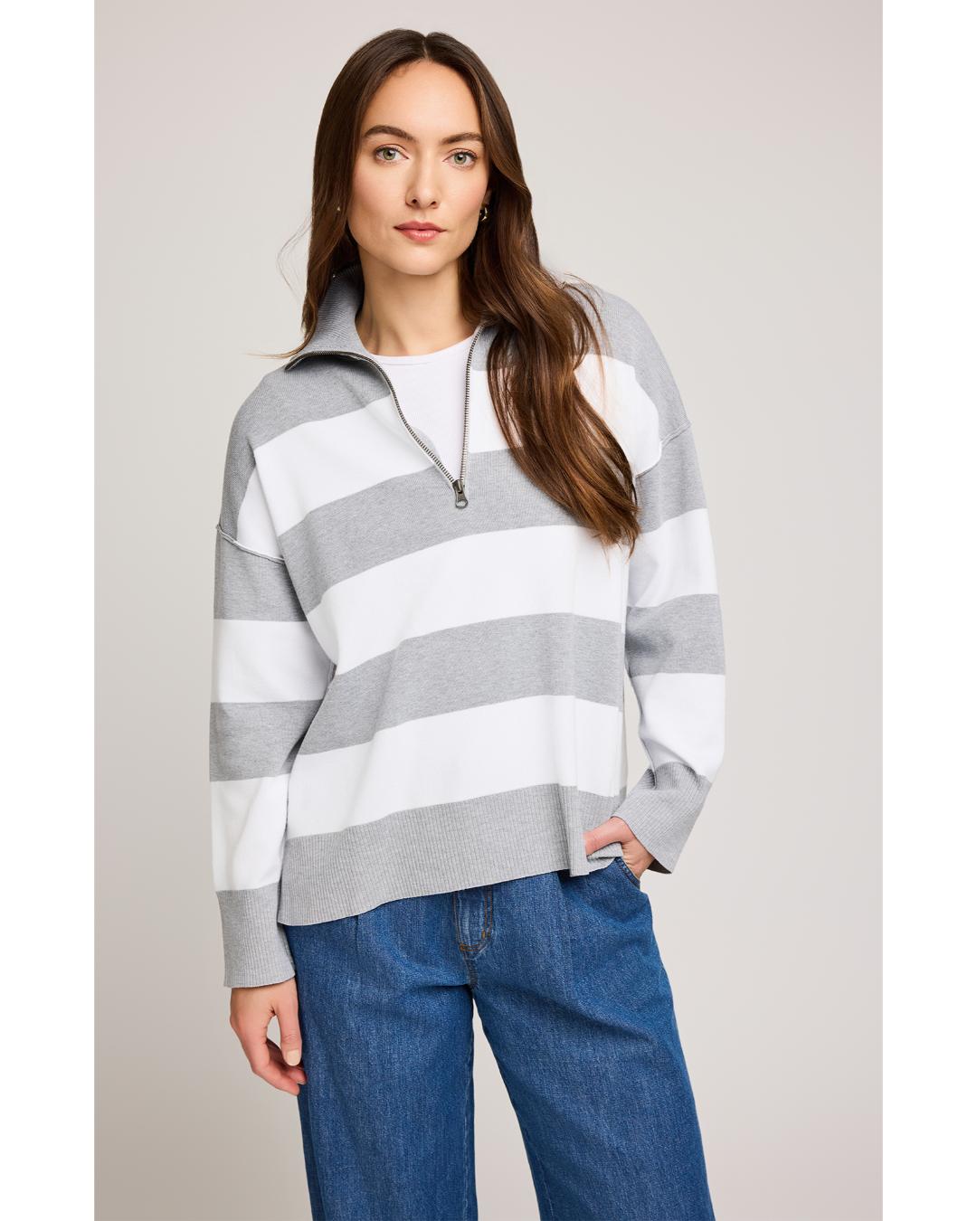 grey and white stripe half zip sweater