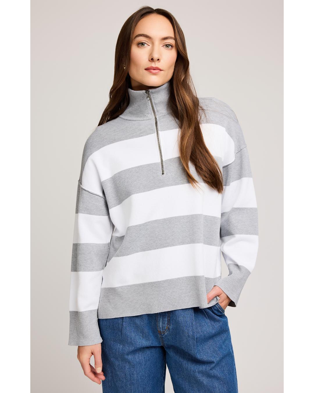 grey and white stripe half zip sweater