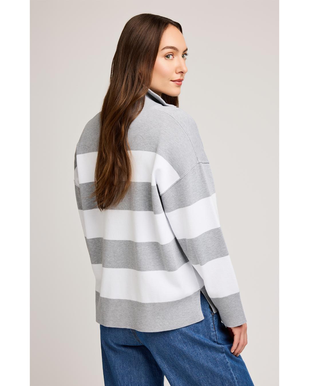 grey and white stripe half zip sweater