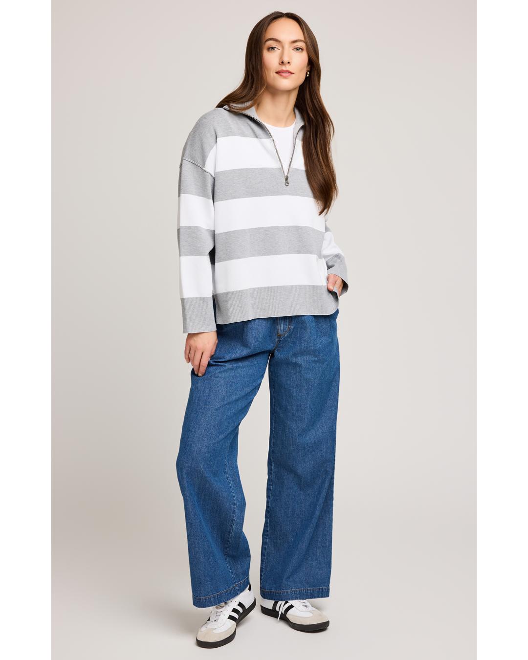 grey and white stripe half zip sweater