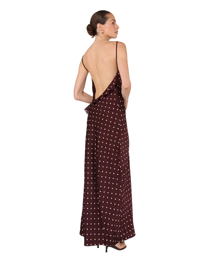 brown maxi dress with polka dots all over