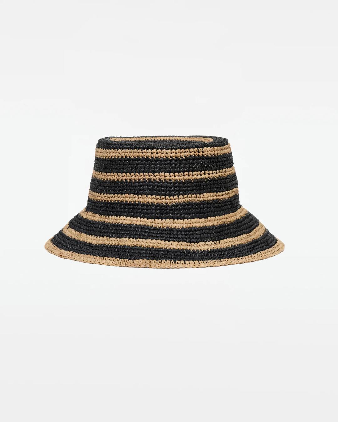 straw bucket hat in black and tan
