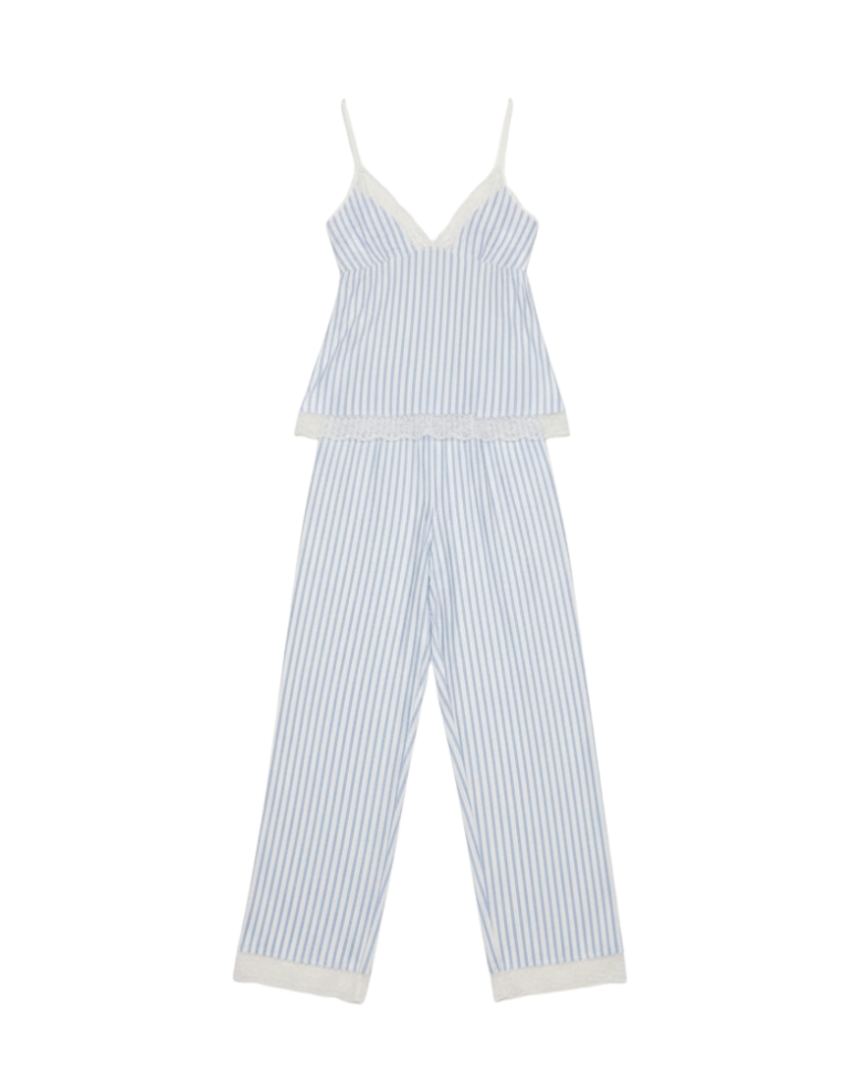 cami and pant sleep set in blue and white stripe