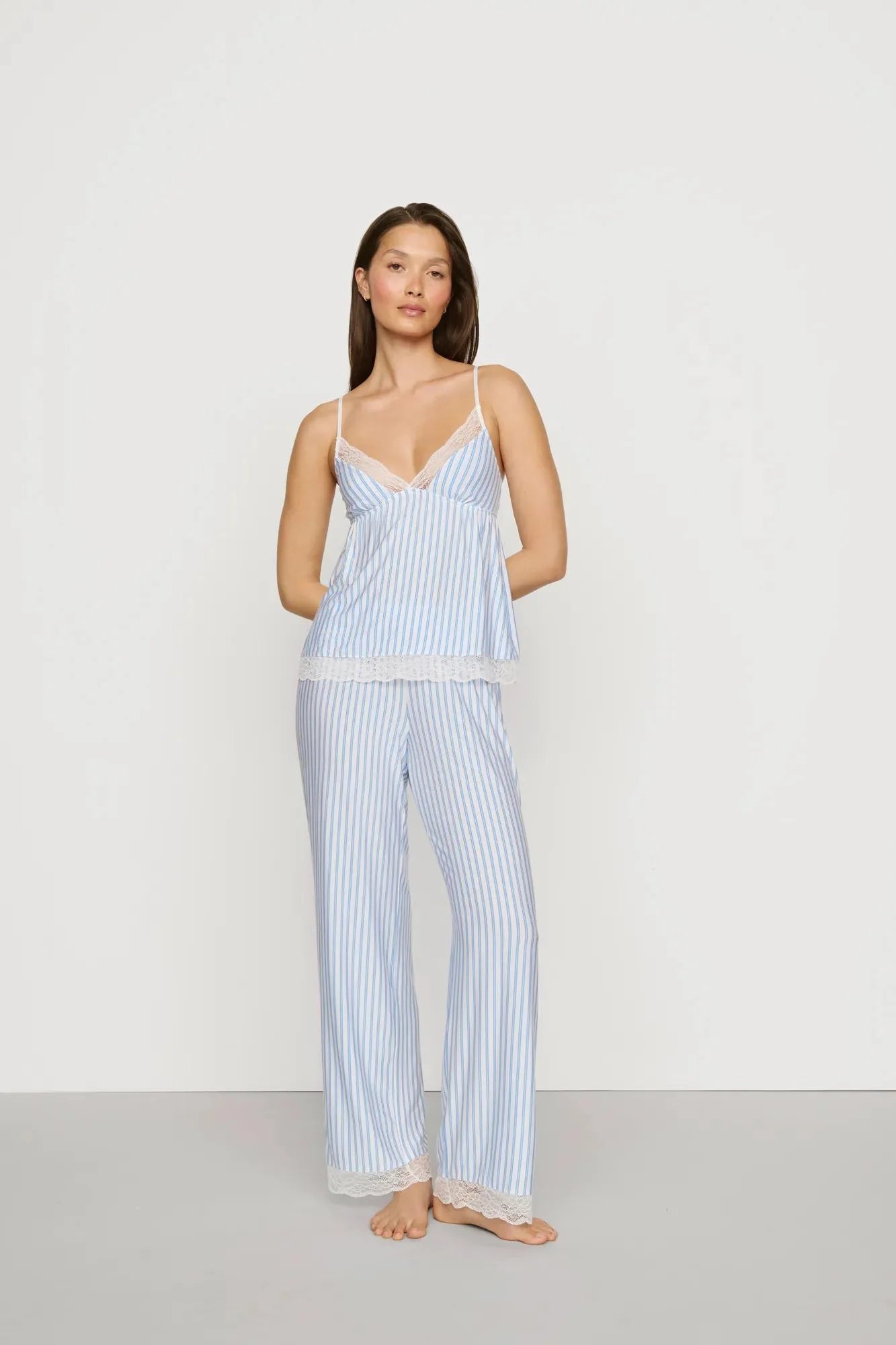 cami and pant sleep set in blue and white stripe
