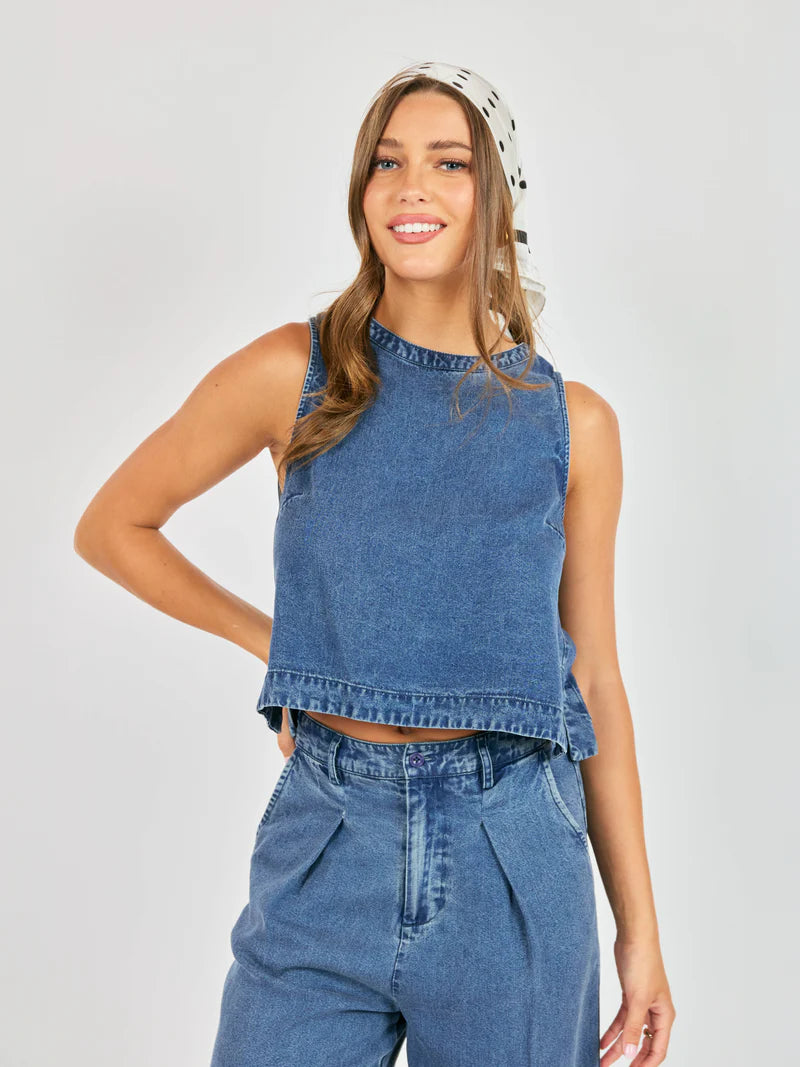 sleeveless cropped denim top