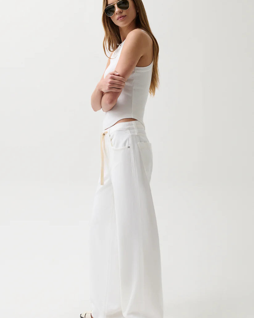 wide leg mid rise white denim pant with drawstring