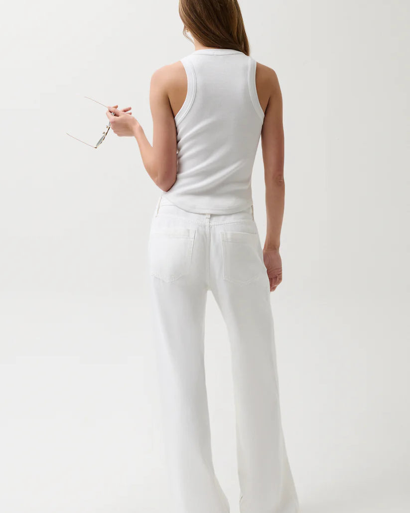 wide leg mid rise white denim pant with drawstring