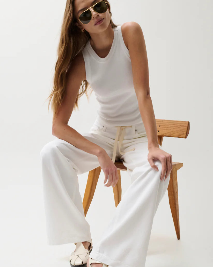 wide leg mid rise white denim pant with drawstring