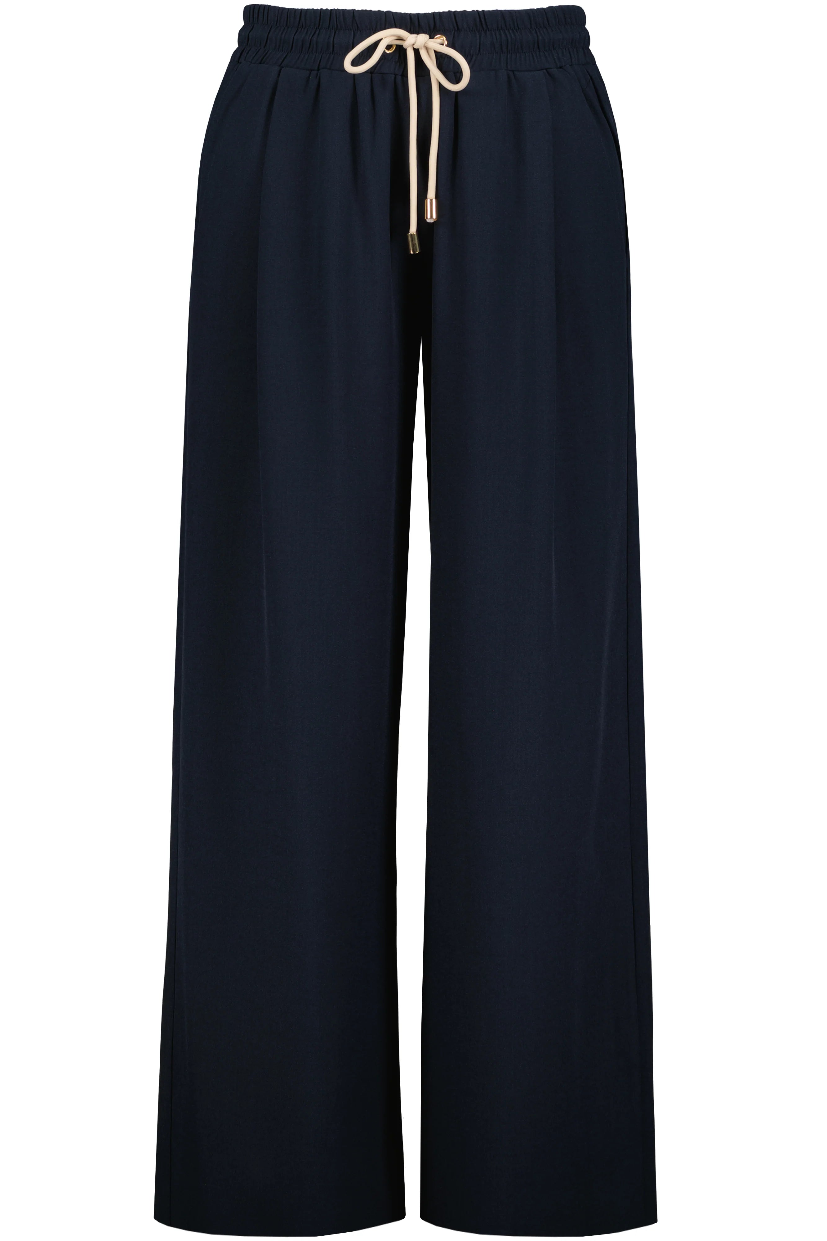 navy wide leg pant with cream drawstring