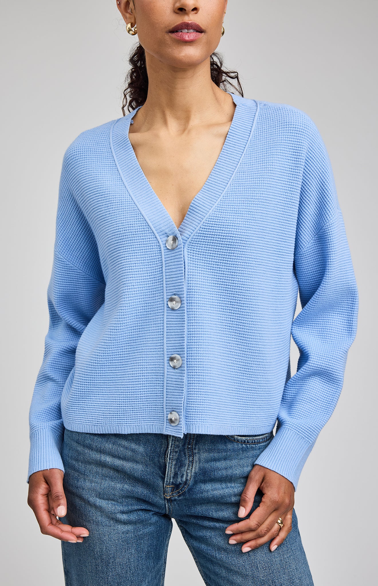 blue v-neck cardigan