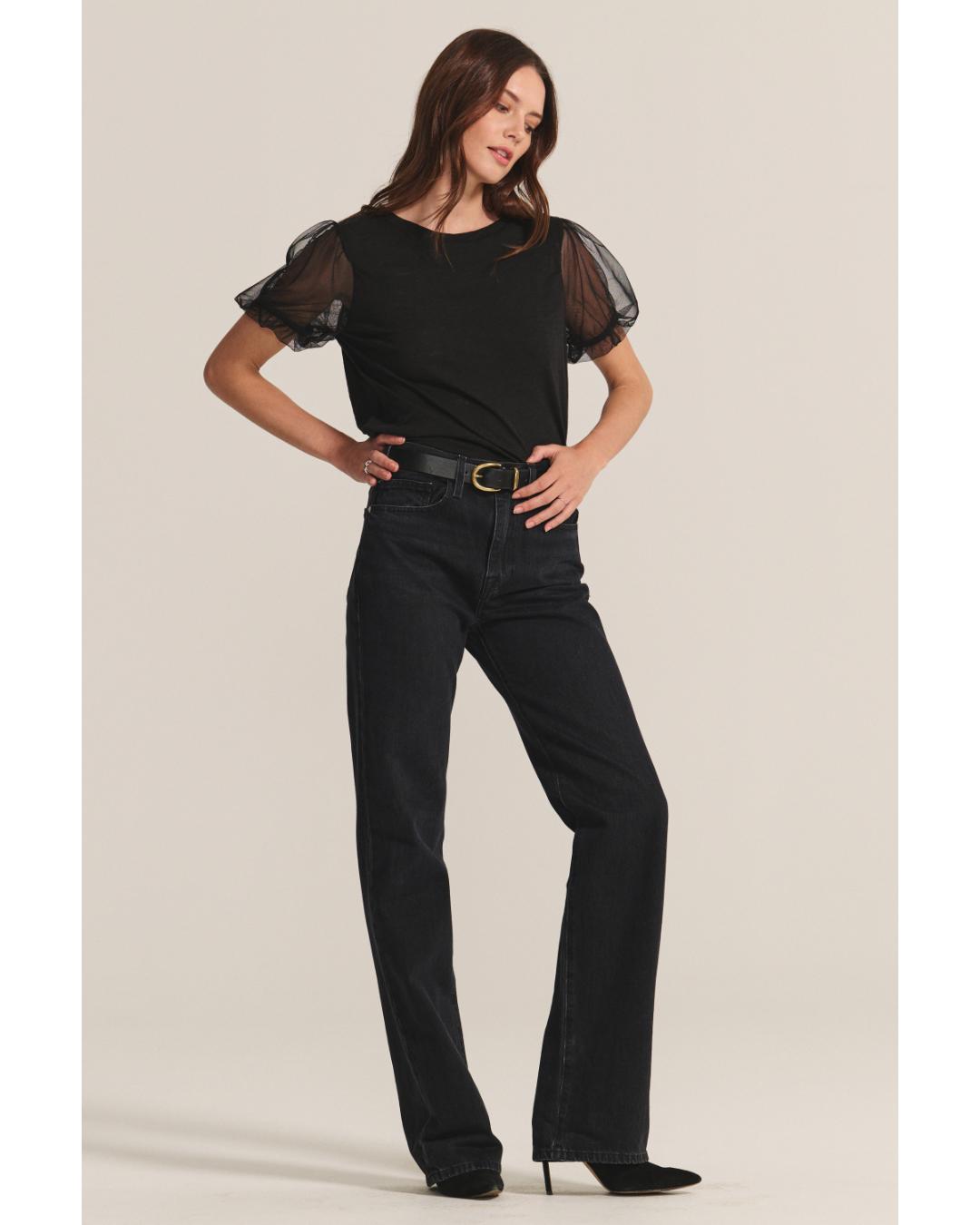 black short sleeve top with puff cap sleeve