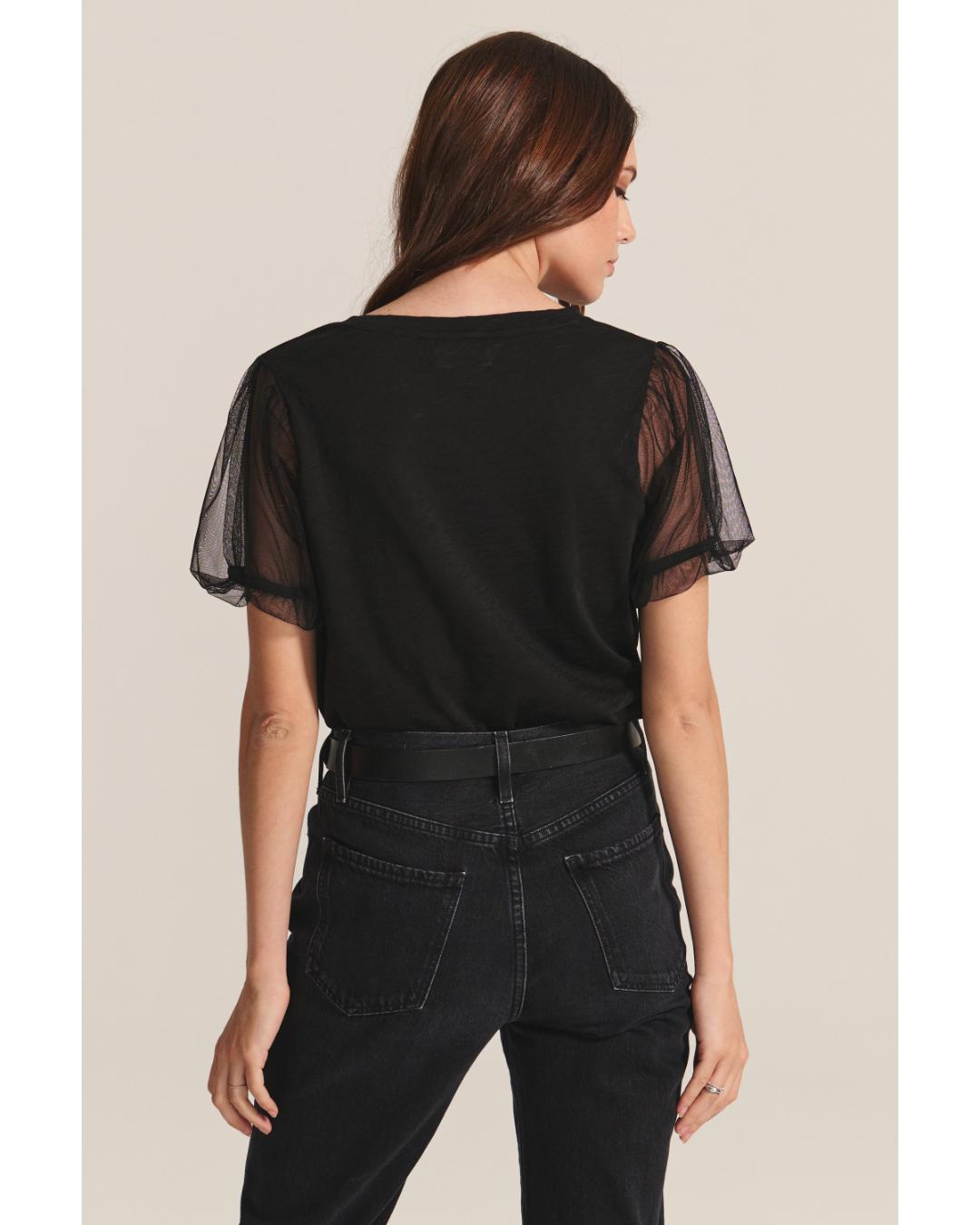 black short sleeve top with puff cap sleeve