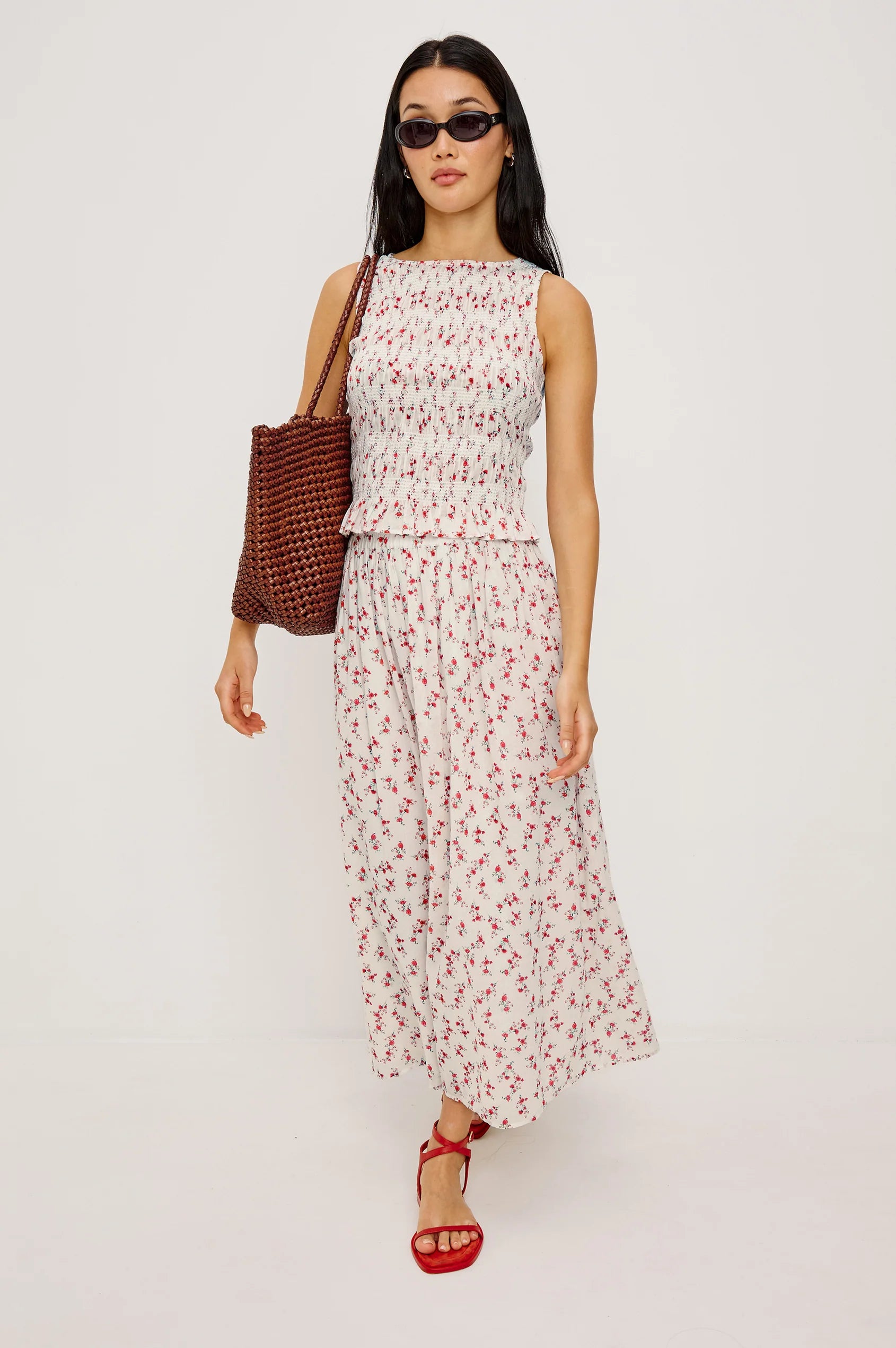 sleeveless rouched floral print