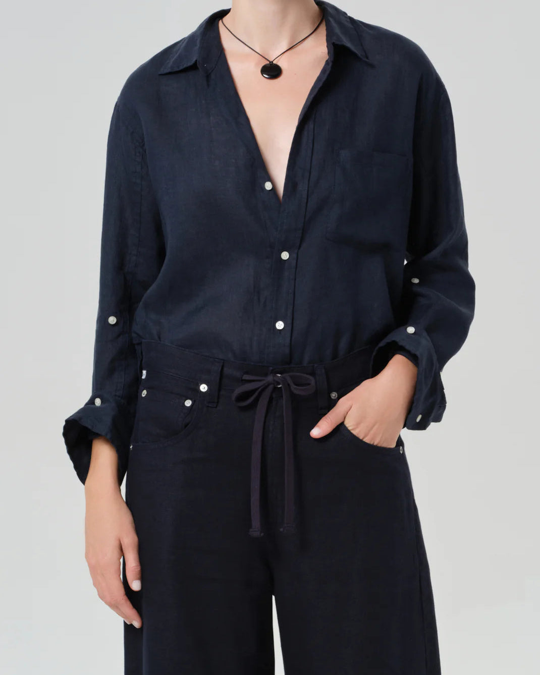 linen button down shirt in navy