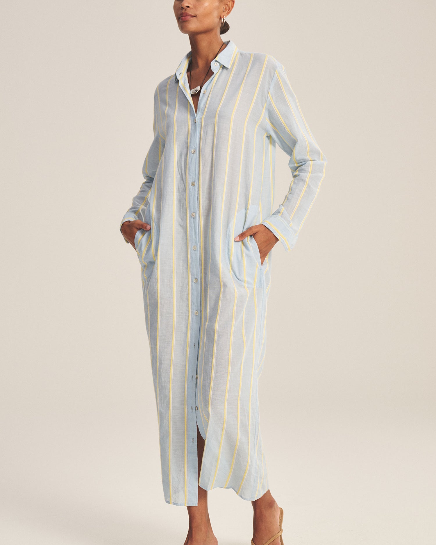 midi blouse dress in blue and yellow stripes