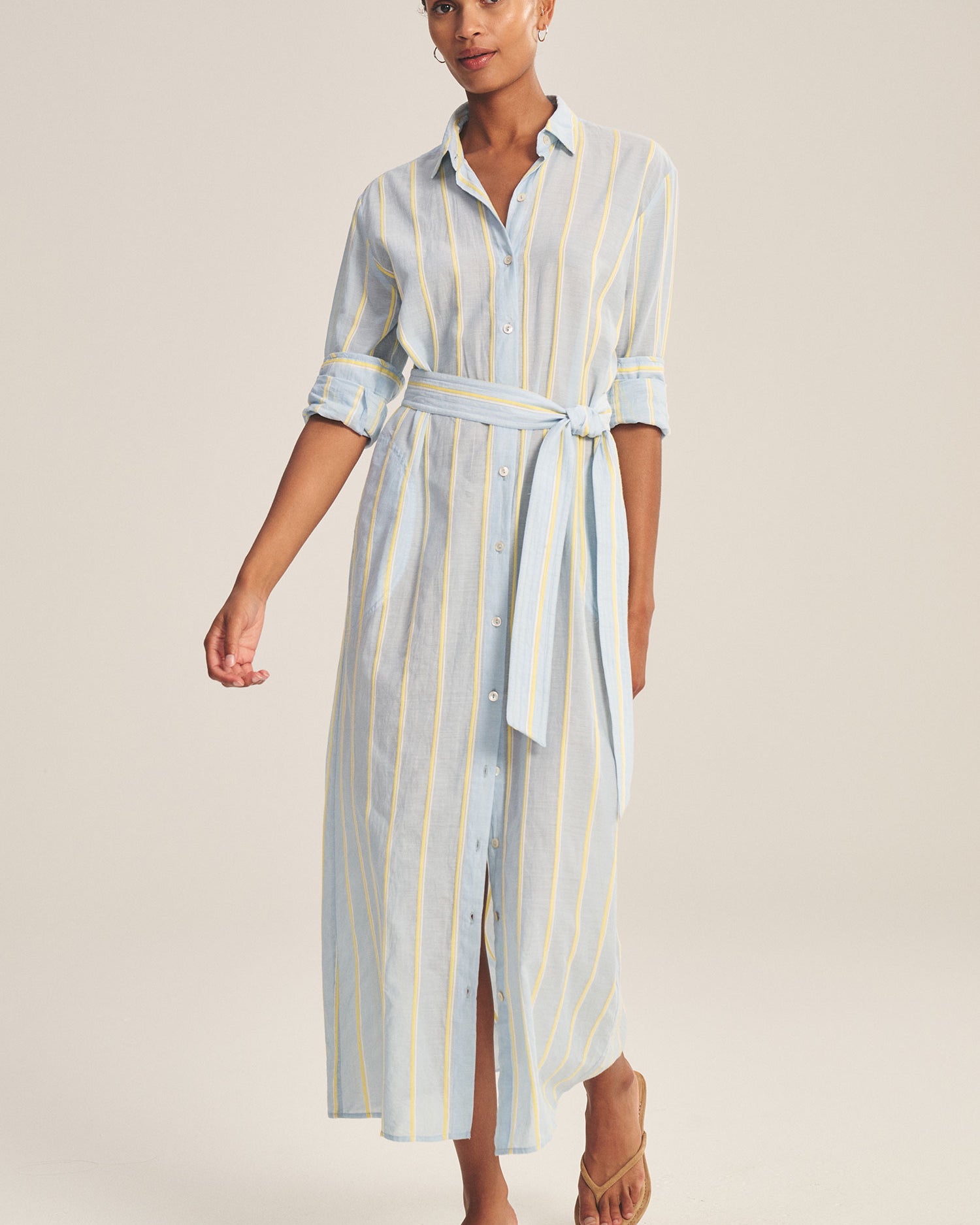 midi blouse dress in blue and yellow stripes