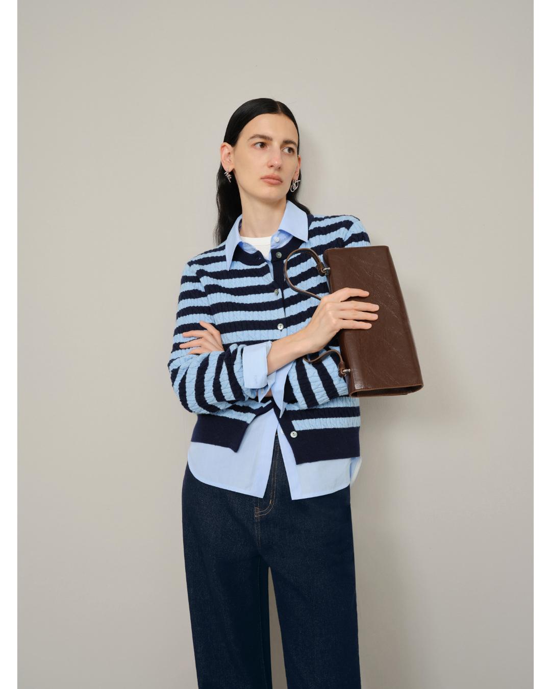knit stripe cardigan in dark and light blue
