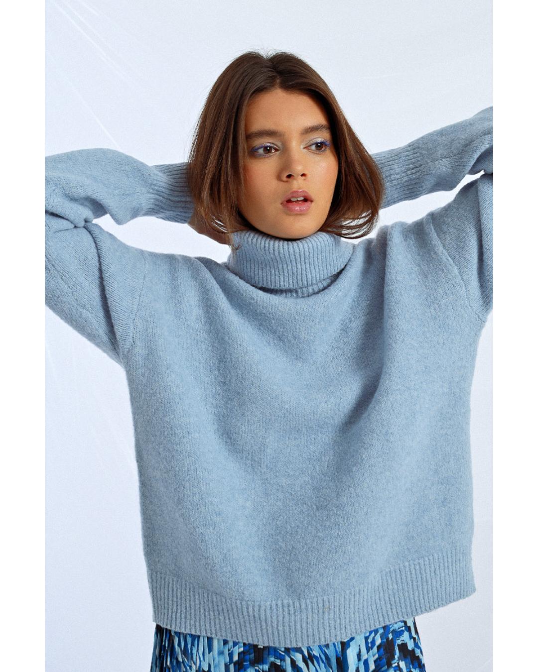 light blue turtleneck sweater