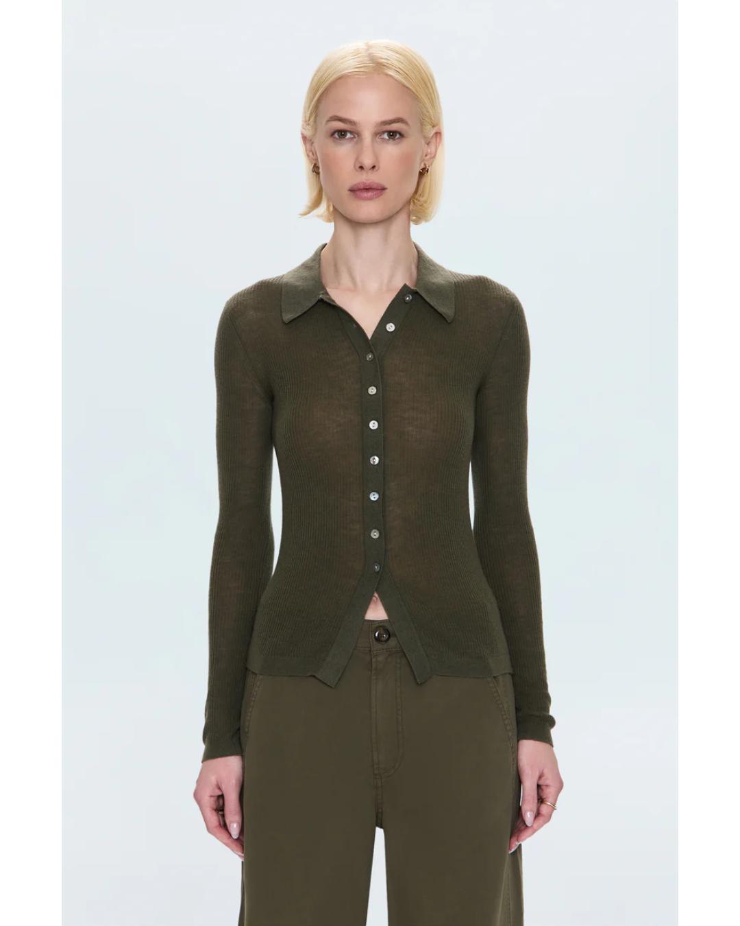 ribbed long sleeve with a collar and buttons down the front in green