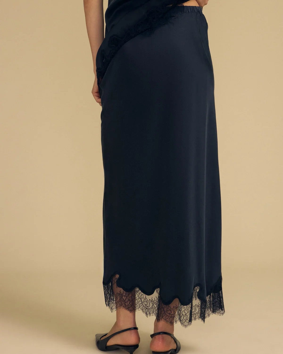 black midi skirt with lace trim